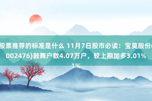 股票推荐的标准是什么 11月7日股市必读：宝莫股份(002476)鼓舞户数4.07万户，较上期加多3.01%