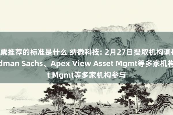 股票推荐的标准是什么 纳微科技: 2月27日摄取机构调研, Goldman Sachs、Apex View Asset Mgmt等多家机构参与